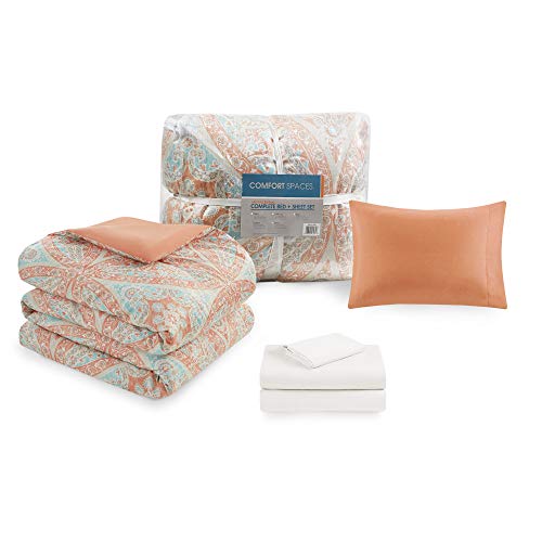 Comfort Spaces Bed in A Bag - Trendy Casual Design Cozy Comforter with Complete Sheet Set with Side Pocket, All Season Cover, Matching Shams, Twin XL(66 in x 90 in), Gloria, Damask Coral 6 Piece Comfort Spaces