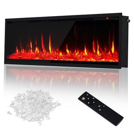 60 Inch Recessed and Wall Mounted Electric Fireplace with 12 Flame Colors, 750/1500W Heater, Remote Control, Built-in Timer, and Low Noise Operation MERXENG