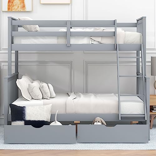 Merax Wood Bunk Bed with Drawers,Convertible Wood Bunk Bed with Ladders and Two Storage Drawers,Solid Wood Detachable Bed Frame with Ladders,Twin Over Full Size,Grey Merax