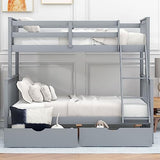 Merax Wood Bunk Bed with Drawers,Convertible Wood Bunk Bed with Ladders and Two Storage Drawers,Solid Wood Detachable Bed Frame with Ladders,Twin Over Full Size,Grey Merax