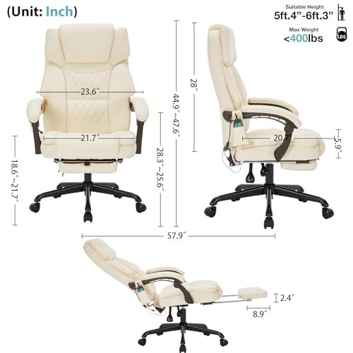 Massage Office Chair with Foot Rest 6 Points Vibration and Heat Home Office Desk Chairs for Heavy People 400lbs Reclining Managerial Chairs Ergonomic Executive Chair (Cream) HESL