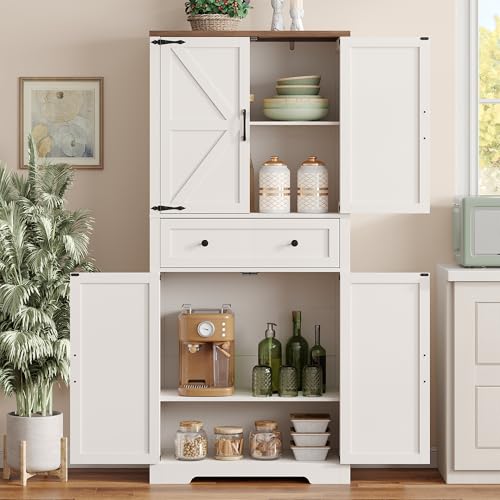 71" Tall Kitchen Pantry Storage Cabinet with Barn Doors and Shelves, White Farmhouse Linen Storage Cabinet With Drawers, Free standing Food Pantry Cabinets for Kitchen, Dining Room, Living Room Befrases