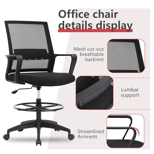 BestOffice Drafting Chair Tall Office Chair Adjustable Swivel Rolling Mesh Height with Lumbar Support Arms Footrest Mid Back for Adults Standing Desk Drafting Stool(Black) BestOffice