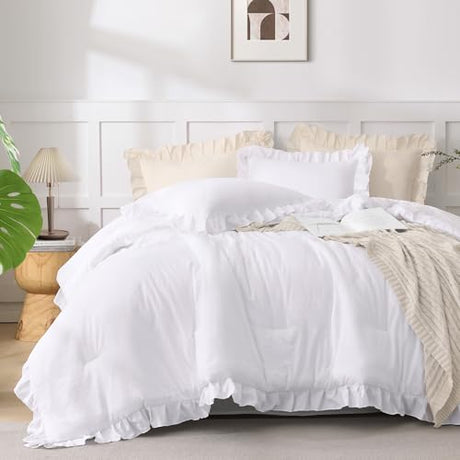 Andency Comforter Full Size Set White, 3 Pieces Ruffle Farmhouse Shabby Chic Gift Full Comforter Set, Soft Lightweight Fluffy All Season Room Decor Bed Set for Girls Women Teens Daughter Andency