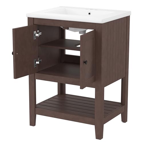 24 Inch Bathroom Vanity with Sink Set Combo, Cabinet with Doors and Open Shelf, Solid Wood Frame with Painted Finish, Modern Style Merax