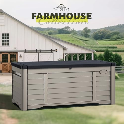 YITAHOME 120 Gallon Large Outdoor Storage Deck Box, Waterproof Cushion Storage Bench with Lockable Lid for Patio, Pool Supplies, Garden Tools, Resin, Black & Brown YITAHOME