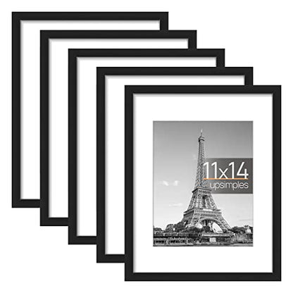 upsimples 11x14 Picture Frame Set of 5, Display Pictures 8x10 with Mat or 11x14 Without Mat, Wall Gallery Photo Frames, Black