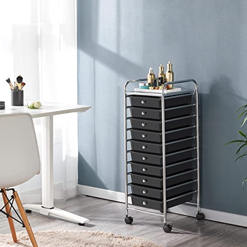 Yaheetech Rolling Cart Organizer Plastic Trolley with 10 Storage Drawers Utility Cart on Wheels Art Craft Organizer Ample Storage Space, Black Yaheetech