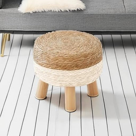 ALeesing Round Ottoman, Natural Seagrass Footstool with 4 Wood Legs, Multifunctional Modern Dressing Stool and Sofa Side Table for Bedroom (White) ALeesing