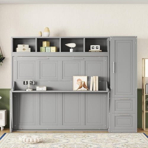 Virubi Queen Horizontal Murphy Bed with Storage Wardrobe Closet,2 Drawer,4 Storage Shelves,Wood Folding Murphy Wall Bed Cabinet for Adult (Grey,Queen) Virubi