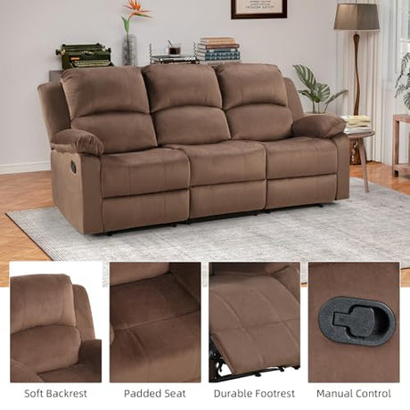 EBELLO 3 Seat Recliner Sofa for Living Room, Soft Microfiber Reclining Couch with Overstuffed Arms and Backrest for Home and Office, Brown EBELLO