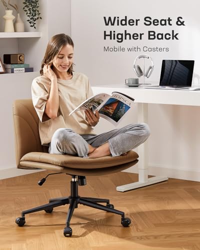 Marsail Armless-Office Desk Chair with Wheels: PU Leather Cross Legged Wide Chair,Comfortable Adjustable Swivel Computer Task Chairs for Home,Office,Make Up,Small Space,Bed Room, Brown Marsail
