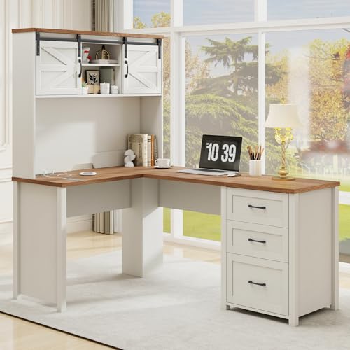 Vabches Farmhouse 68" H L Shaped Desk with Hutch,Office Table with 3 Drawers and Sliding Doors, Executive Desk with File Drawers and Charging Station, Wood Workstation for Home Office and Study Vabches