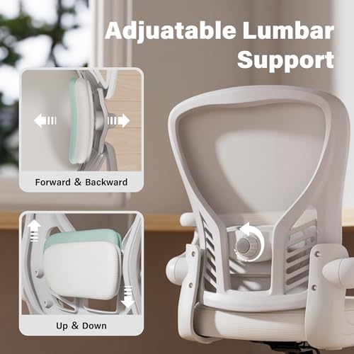 GYI Ergonomic Office Chair, Mesh Desk Chair with Adjustable Lumbar Support and 3D Flip-up Arms, Computer Chair with Wheels, All White GYI