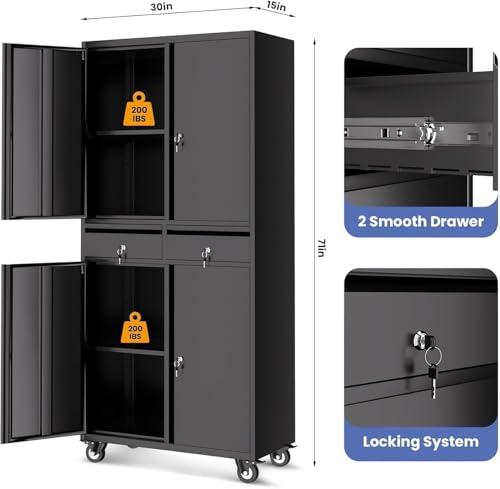 GarveeHome Garage Storage Cabinet, 73'' Metal Storage Cabinet with Wheels and Adjustable Shelves, Heavy Duty Storage Cabinet with Locking Doors and 2 Drawers for Office and Garage, Black GarveeHome