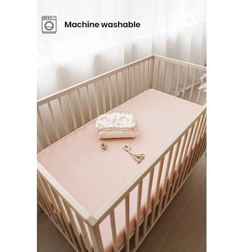Konssy Muslin Crib Sheets for Girl Boy, 2 PCS Soft and Breathable Cotton Baby Sheets for Standard Crib Mattress, 52"x 28" (Floral, Pink) Konssy