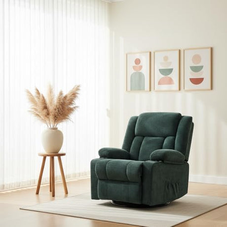 Hicosit Swivel Rocker Recliner Chair with Cup Holders, 360 Degree Rotating Nursery Rocking Chair, Manual Glider Recliner for Living Room (1, Green) Hicosit