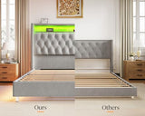 Jocisland Gray Velvet Queen Bed Frame with LED Lights & Charging Station Jocisland
