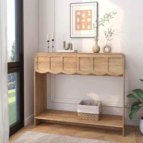 Topbele Console Table with 2 Drawers, Mid-Century Modern 42" Entryway Table with Open Storage Shelves, Sofa Table Behind Couch for Living Room, Hallway, Natural Topbele