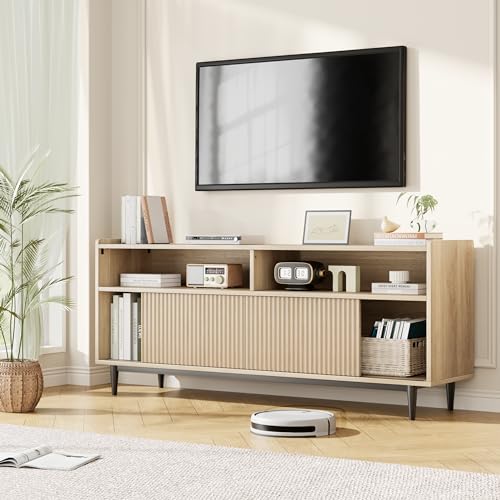 GAOMON Fluted TV Stand for 70 inch, Modern Entertainment Center with Storage and Sliding Doors, Wood Media Console Cabinet Furniture TV Console Table for Living Room Bedroom, Natural Oak - WoodArtSupply