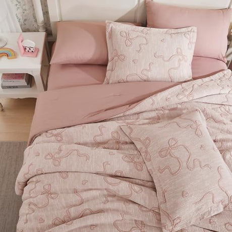 Geniospin Pink Twin Comforter Set for Girls- 5 Pieces Bowknot Jacquard Bed in A Bag Twin Bedding Sets with Sheets, Pillowcases & Shams, All Season Kids Comforter Set Geniospin