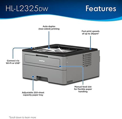 Brother HL-L2325DW Monochrome Laser Printer - Wireless Networking & Duplex Printing (2-Sided Printing), 26ppm, Mobile Printing + Printer Cable