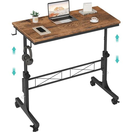 Small Portable Rolling Standing Desk - 32 Inch Adjustable Height Mobile Stand Up Desks with Wheels for Treadmill Walking Pad, Teacher Podium for Classroom, Couch Sofa Side Laptop Table, Rustic Brown WINAZ