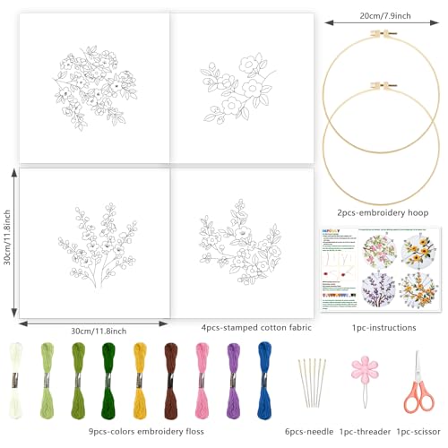 INFUNLY 4 Pack Seasons Flowers Embroidery Starter Kit for Beginners Branches Leaves DIY Embroidery Kits for Adults Stamped Needlepoint Set with Step-by-Step Instructions Threads Craft Lover Gift