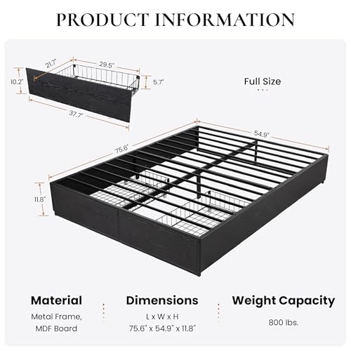 SHA CERLIN Full Platform Bed Frame with 2 Large Storage Drawers - Heavy Duty Metal & Rustic Wood, Noise-Free, No Box Spring Needed, Black SHA CERLIN