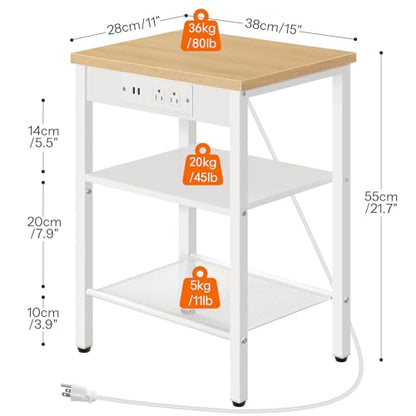 HOOBRO End Table with Charging Station and USB Ports, 3-Tier Nightstand with Adjustable Shelves, Small Side Table for Small Space in Living Room, Bedroom and Balcony, Natural and White WN112B - WoodArtSupply