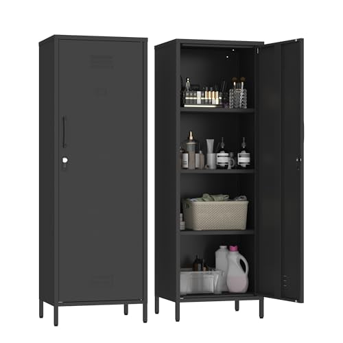 Steehoom Locker Cabinet, 59.06" H Black Metal Locker Storage Cabinet for Employees with Locking Door and 2 Shelves Kids Locker Tool File Cabinets for Bedroom, Home Office, Garage, Bathroom Steehoom