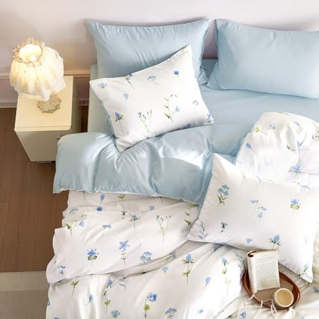 Wake In Cloud - Floral Comforter Set, Cottagecore Cute Aesthetic Watercolor Tiny Flowers and Leaves, Soft Lightweight Bedding for Women Teen Girls, 3 Pieces, Blue, Full Size Wake In Cloud
