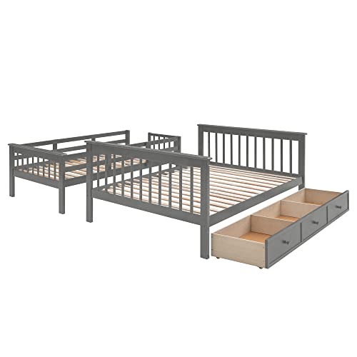 MERITLINE Grey Twin Over Full Bunk Bed with Stairs, Storage Drawers, and Safety Features - WoodArtSupply