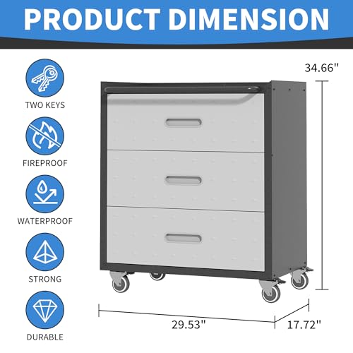 BIZOEIRON Metal Storage Cabinet with Wheels, Rolling Tool Cabinet, Garage Storage Cabinet with 3 Drawer for Tools, Assembly Required (Black/Grey) - WoodArtSupply