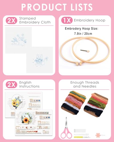 TINDTOP 2 Pack Embroidery Kit for Adult Beginners, Embroidery DIY Starter Kit, with Black Cat and Flowers Stamped Patterns, Hoop, Tools, Colorful Threads with Needles, Instructions TINDTOP
