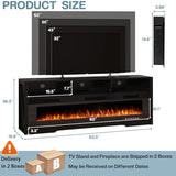 PRETZI 65" Fireplace TV Stand with 60" Glass Electric Fireplace for TVs Up to 75 inch, Modern Fireplace Entertainment Center with Open Storage Shelf, Media Console TV Cabiet for Living Room, Black PRETZI
