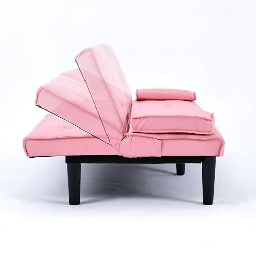 67-inch Multi-Functional Sofa Bed, Foldable Futon Couch with Adjustable Backrest & Cup Holders, Convertible Sleeper for Small Spaces, Living Room, Apartment, Office - Modern PVC Leather Couches(Pink) ALYIAMXL