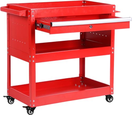 BRLJUNEO 3-Tier Tool Cart with Drawer, Heavy Duty Steel Utility Cart, 450 Lbs Load Capacity, Red - WoodArtSupply