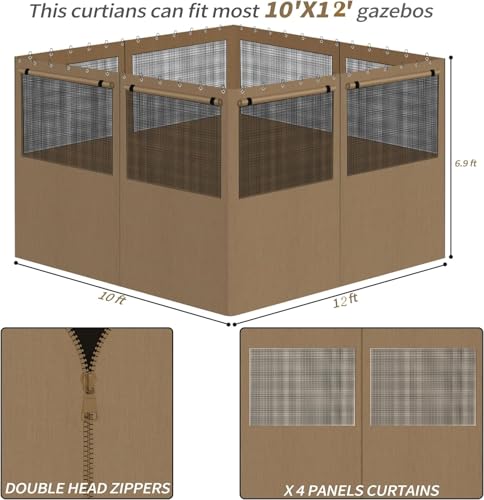 Gazebo Privacy Curtains 10' x 12' with Mosquito Windows, 4-Panels Side Wall with Zipper Universal Replacement for Patio, Outdoor Canopy, Garden and Backyard, Khaki (Curtain Only) - WoodArtSupply