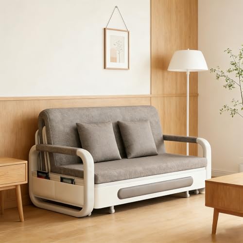 Horseo Pull-Out Sofa Daybed, Foldable Convertible Couch Bed with Hidden Compartment, Solid Wood and Sturdy Metal Frame & Easy Assembly, for Living Room, Guest Room (Light Grey, 50.4"-Standard) Horseo