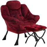Congermom Lazy Chair with Folding Ottoman,Leisure Sofa Chair,Soft Fabric Armchair with Armrests and Side Pockets, Reading Chair with Footrest for Living Room, Bedroom, Office (Plush Red)