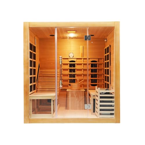 Dual System Sauna Room with Recliner, Luxurious Far Infrared & Steam Indoor Saunas, 2-3 Person Canadian Hemlock Home Hybrid Sauna, 220V/ 6KW Harvia Electric Heater, Bluetooth Speaker, Sauna Stone TaTalife