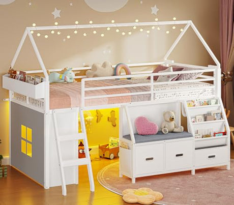 ADORNEVE Low Loft Bed Twin Size with Bookshelf, Reading Nook, LED Kids Loft Bed with 3 Drawers, Under-Bed Play Space, House Loft Beds with Safety Guardrail, Inclined Ladde & Play Curtain, White ADORNEVE