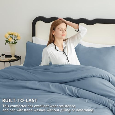 CozyLux Grayish Blue Queen Comforter Set, 3 Pieces Dusty Blue Solid Breathable Quilted Bedding Sets, Luxury Soft Fluffy Bed Set with Down Alternative Comforter All Season (1 Comforter & 2 Pillowcases) CozyLux