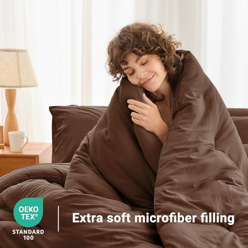 MUXHOMO 7 Pieces Queen Comforter Set, Soft Bed in a Bag Queen Size, All Season Bedding Set with Comforter, Flat Sheet, Fitted Sheet, Pillowcases & Shams, Brown MUXHOMO