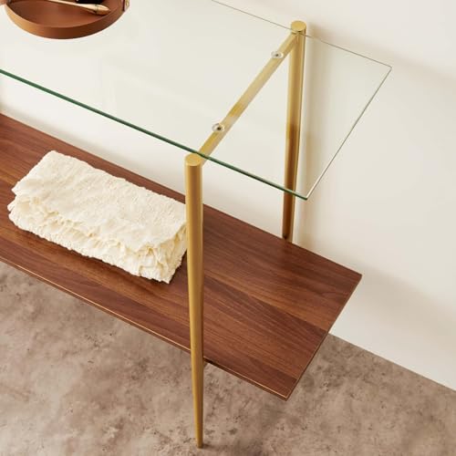 LumFurn Glass Console Table for Living Room, Foyer & Entrance, 2-Tiers Mid-Century Modern Sofa Table with Clear Glass Top, Walnut Finish Wood Top and Gold Finish Metal Frame LumFurn