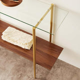 LumFurn Glass Console Table for Living Room, Foyer & Entrance, 2-Tiers Mid-Century Modern Sofa Table with Clear Glass Top, Walnut Finish Wood Top and Gold Finish Metal Frame LumFurn