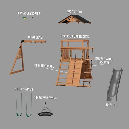 Backyard Discovery Endeavor All Cedar Wood Swing Set Playset with Gray Wave Slide for Backyard with Large Clubhouse Rope Ladder Rock Climbing Wall Wave Slide 2 Belt Swings and 1 Web Swing Gift