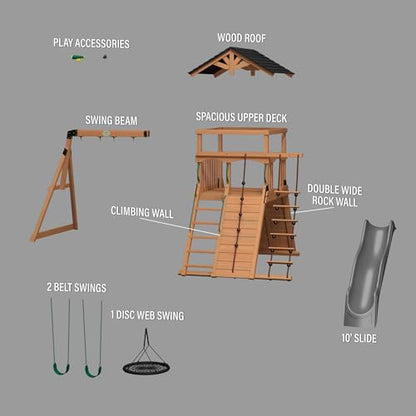 Backyard Discovery Endeavor All Cedar Wood Swing Set Playset with Gray Wave Slide for Backyard with Large Clubhouse Rope Ladder Rock Climbing Wall Wave Slide 2 Belt Swings and 1 Web Swing Gift