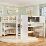 Bellemave Full Loft Bed with Storage Boxes and Bookshelves, Solid Wood Kids Loft Bed with Desk and Blackboard, Low Loft Beds Frame for Kids, Girls, Boys, Childlike Design, White Bellemave